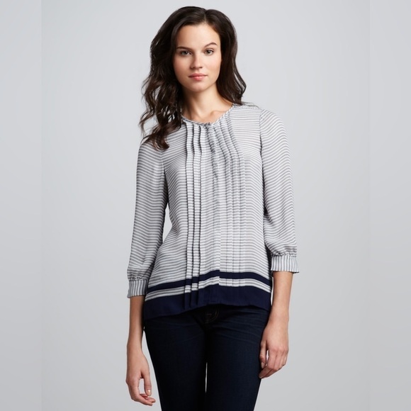 Joie Modine Striped Pintuck Blouse, 100% Silk, Navy & White, Size S - Picture 1 of 9